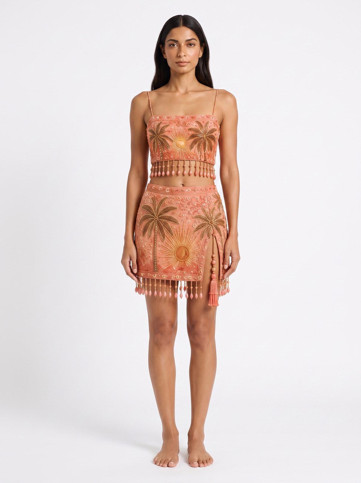 Sunset Palms Set worn front-on, coral hand-beaded top and skirt with palm motifs