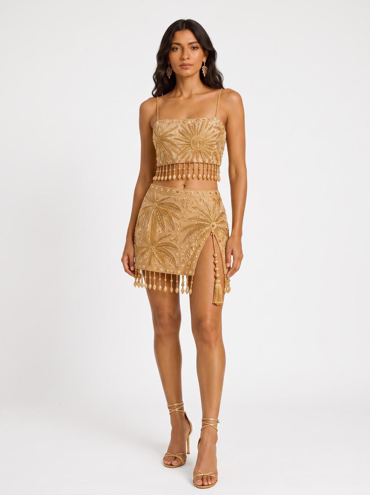 Tropical Bloom Set worn front-on, gold hand-beaded top and skirt with palm motifs